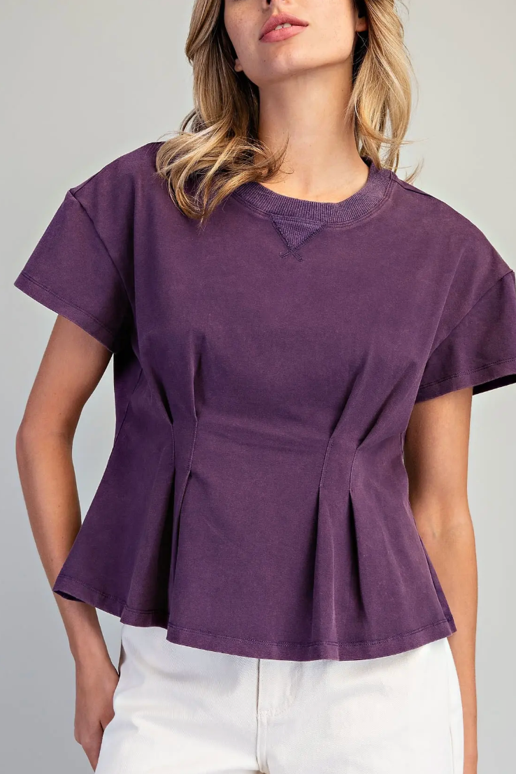 Mineral Washed Plum Pleated Peplum Top
