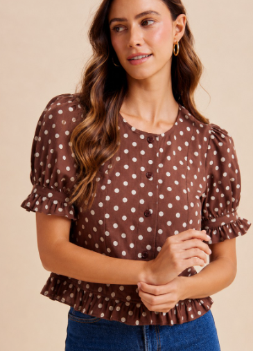 Polka Dot Puff Sleeve Button Down Blouse