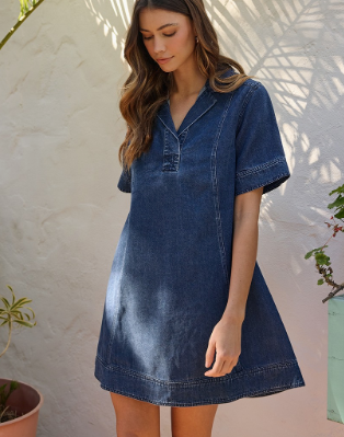 Lyocell Denim Short Sleeve Mini Shirt Dress