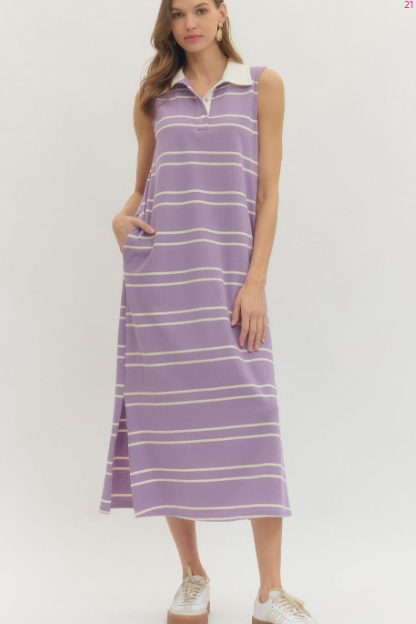 Midi Lavender Striped Collared Dress