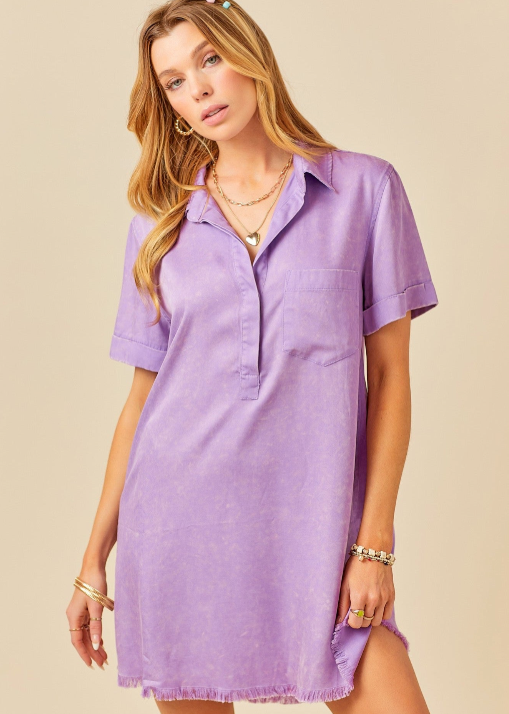 Washed Violet Short Sleeve Denim Dress