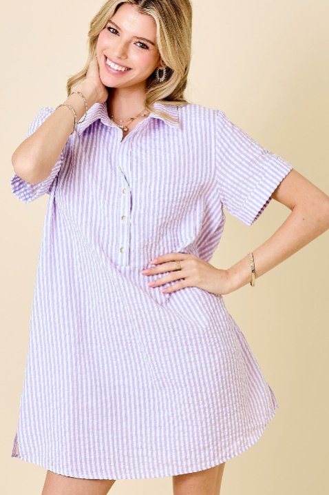 Lavender Stripped Shirt Dress With Pockets