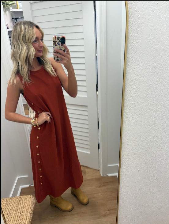 Gold Button Ribbed Sleeveless Midi Dress