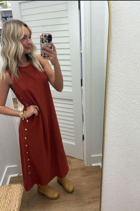 Gold Button Ribbed Sleeveless Midi Dress