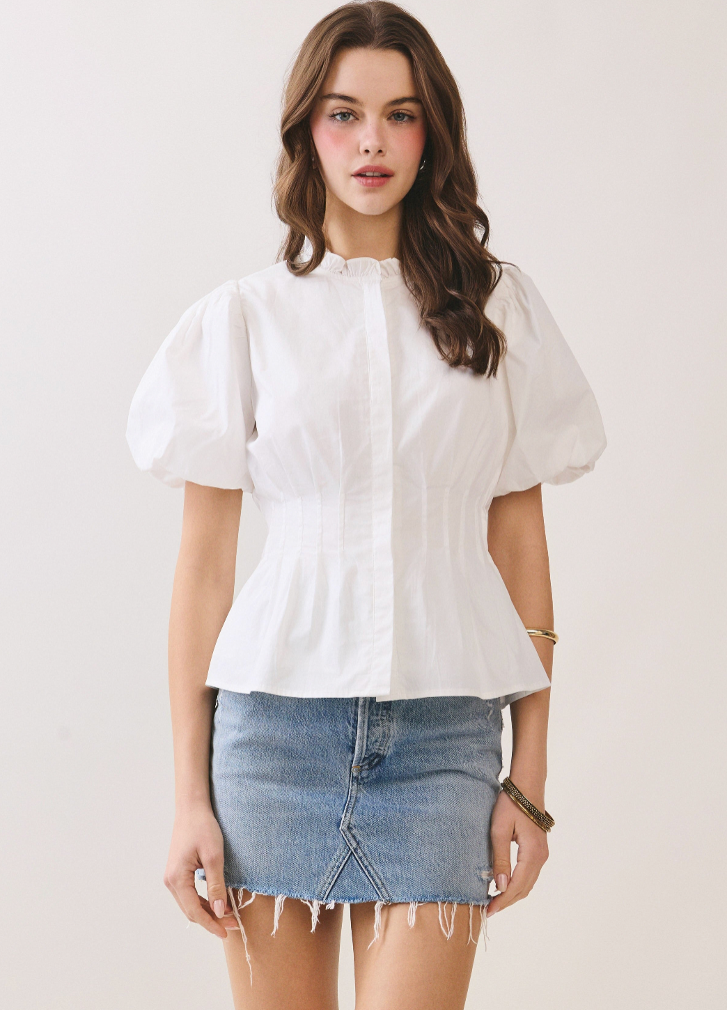 Ruffle Mock Neck White Button Down Top