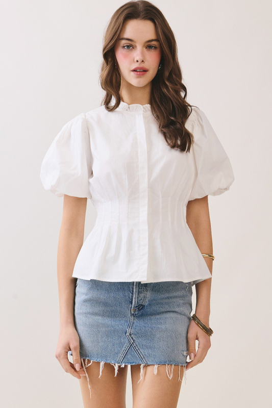 Ruffle Mock Neck White Button Down Top
