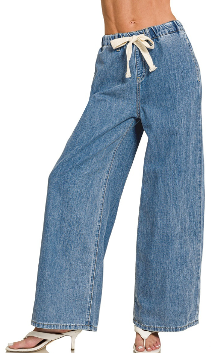 Denim Drawstring Wide Leg Pants