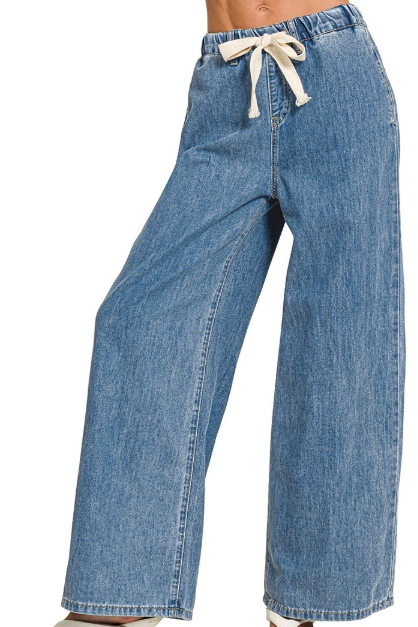 Denim Drawstring Wide Leg Pants