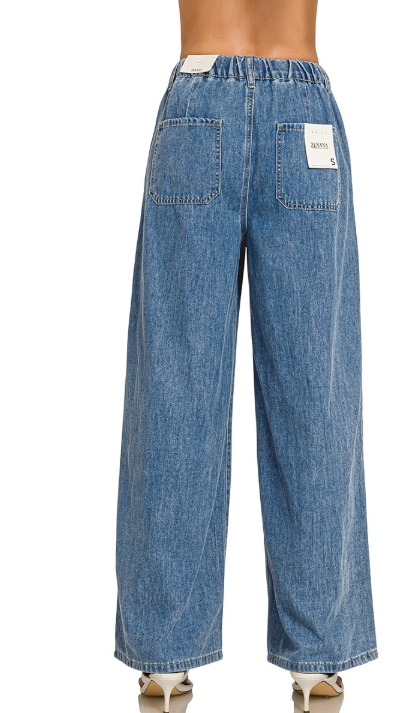 Denim Drawstring Wide Leg Pants