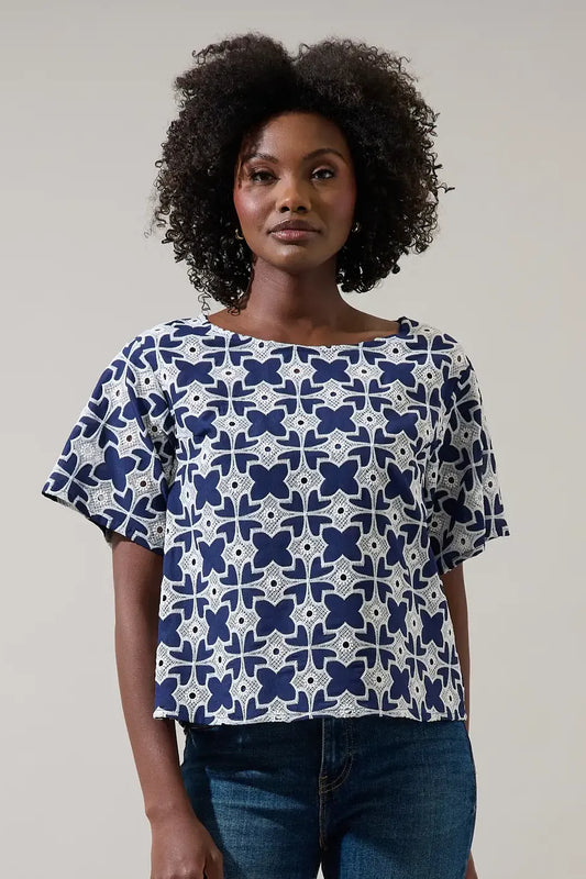Eyelet Short Sleeve Navy and White Top