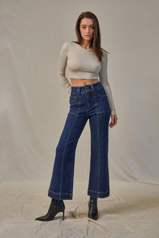 Super High Rise Wide Crop Dark Blue Jeans - Mica Denim