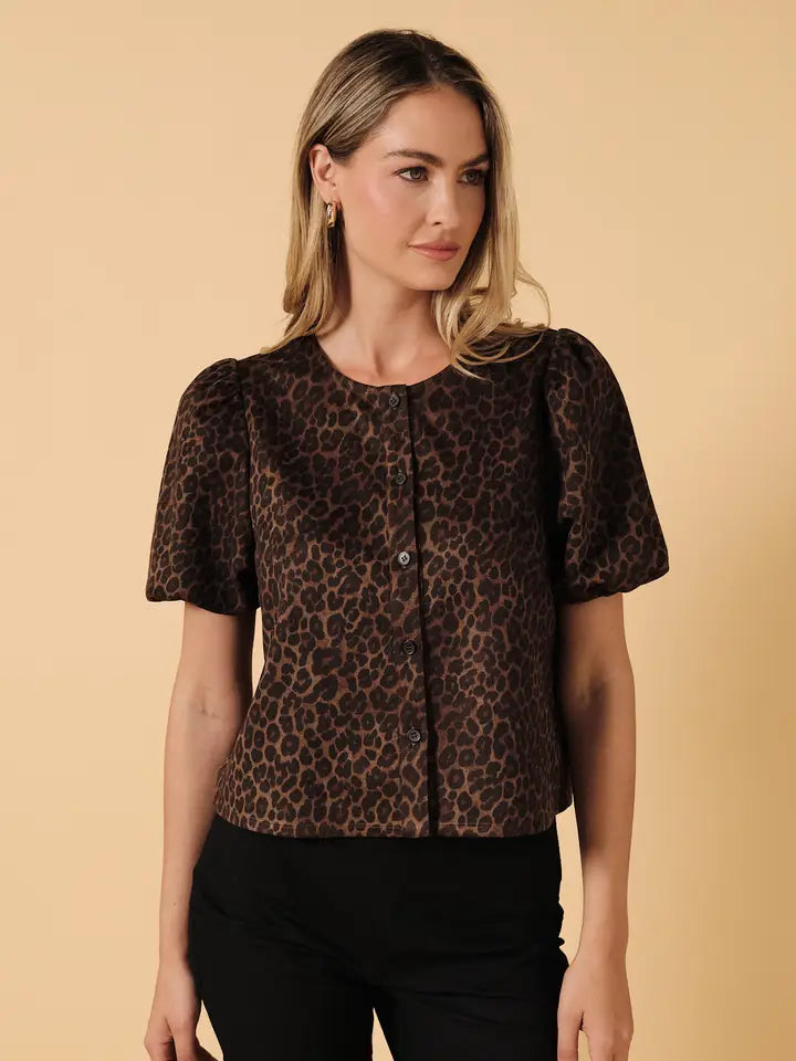 Cheetah Print Round Neck Puff Sleeve