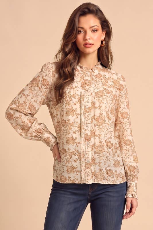 Button Down Shirt Top in Ivory Multi by Taelynn