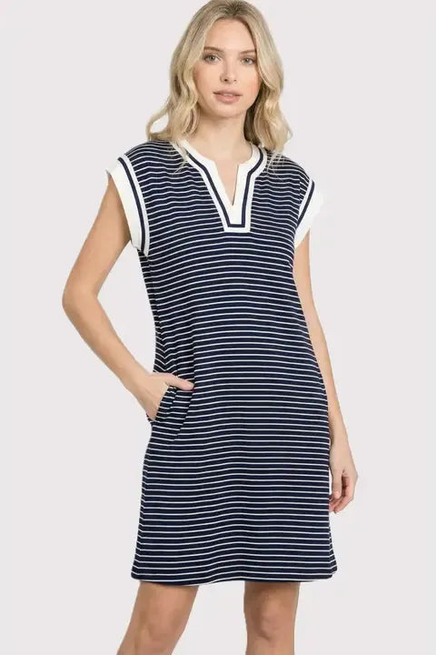 Striped Navy Split Neck Dress