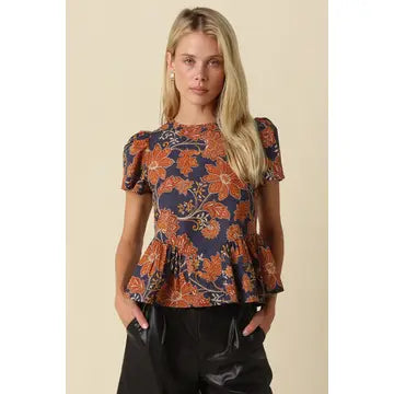 Floral Peplum Dark Navy Blouse