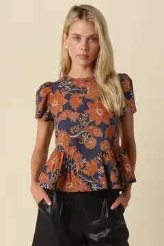 Floral Peplum Dark Navy Blouse