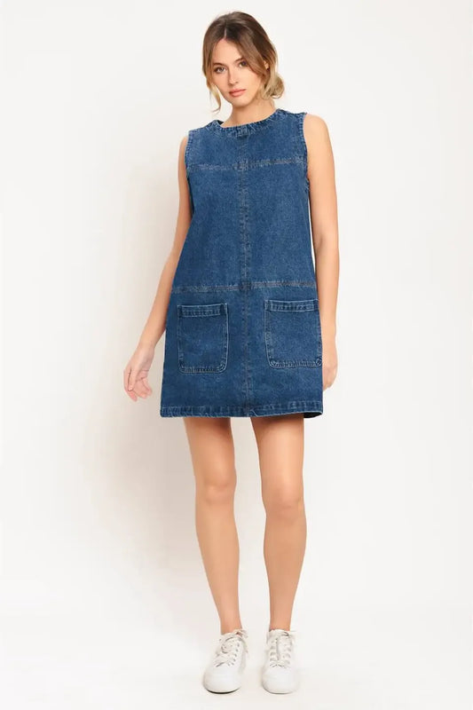 Washed Denim Mini Dress Front Pocket Detail