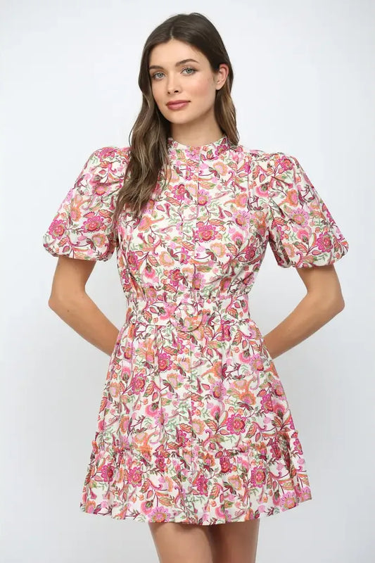 Short Puff Sleeve Ruffle Mini Dress