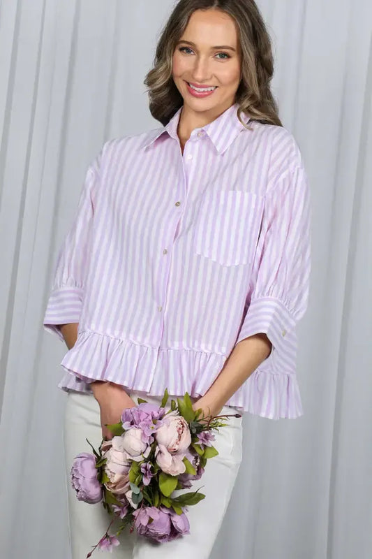 Ruffle Hem Button Down Lavender Stripe Top