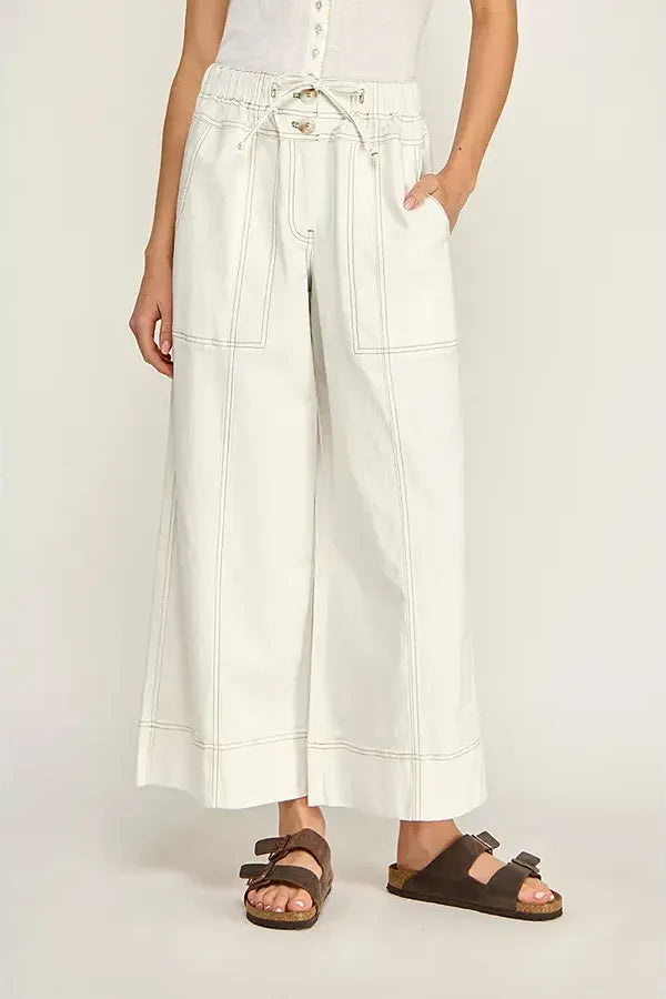 Drawstring Wide Leg Off White Pants