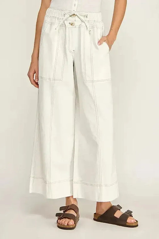 Drawstring Wide Leg Off White Pants