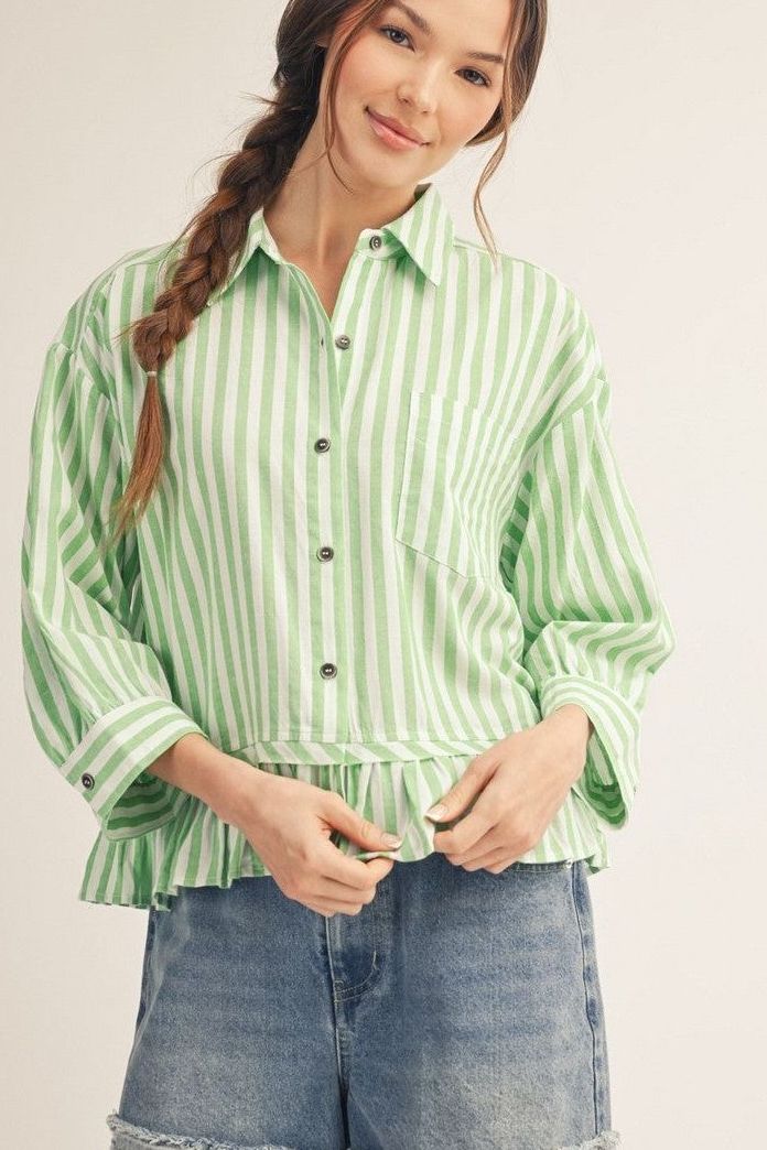 Apple Green Pleated Ruffle Stripe Shirt