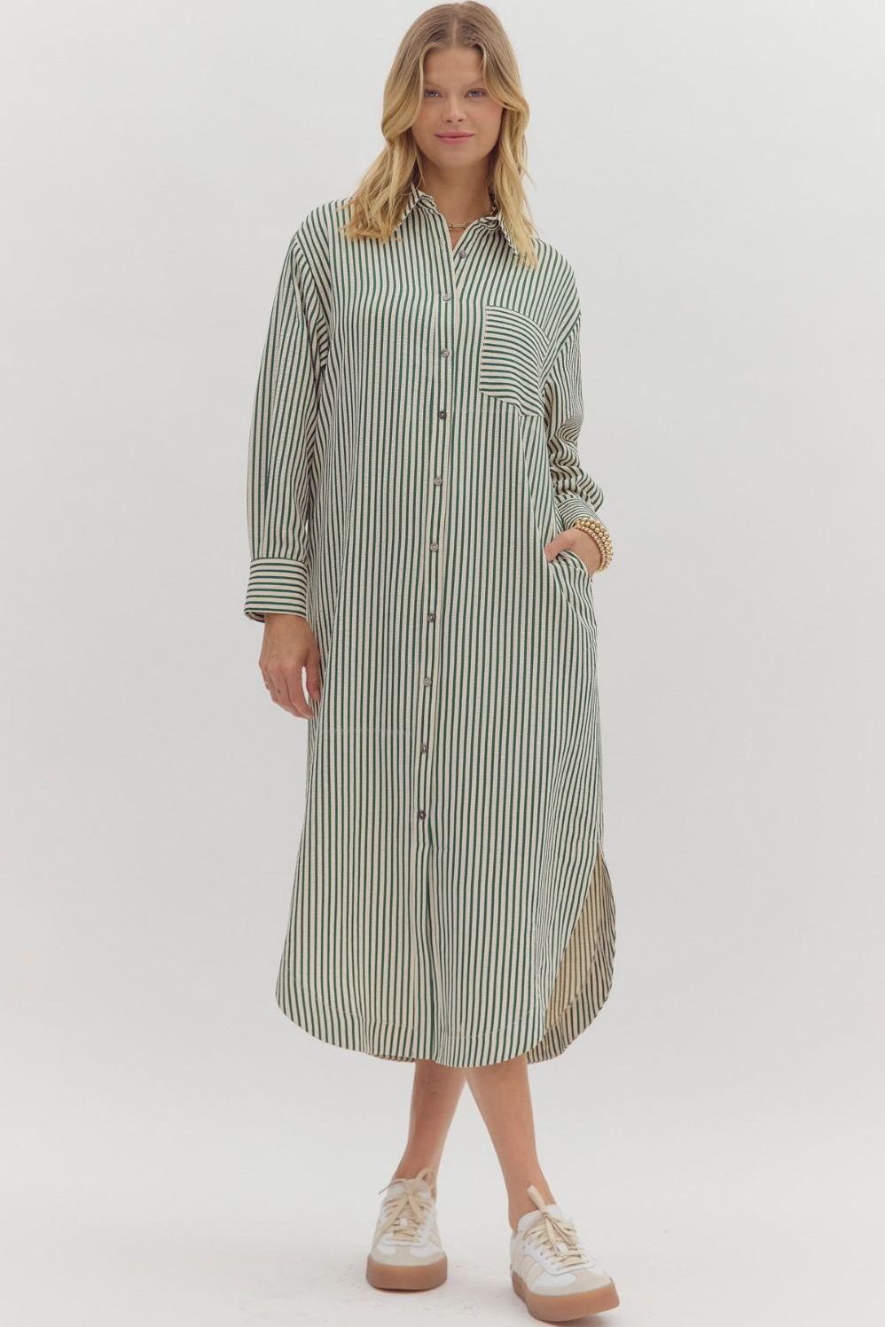 Hunter Green Striped Long Sleeve Dress