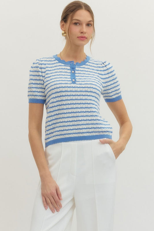 Blue Scallop Edge Eyelet Detail Sweater