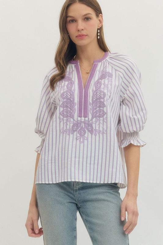 Lavender 3/4 Sleeve Embroidered Collared Top