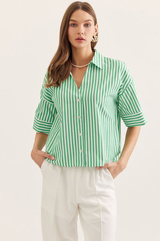 Green Striped Elbow Sleeve Shirt