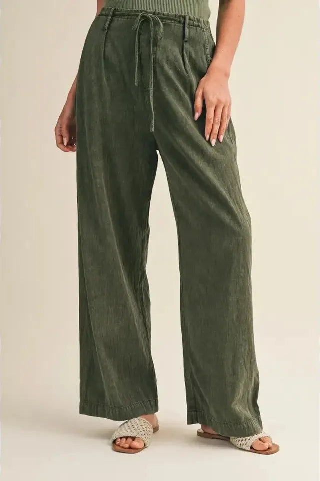 Pleated Drawstring Waist Wide Leg Pants